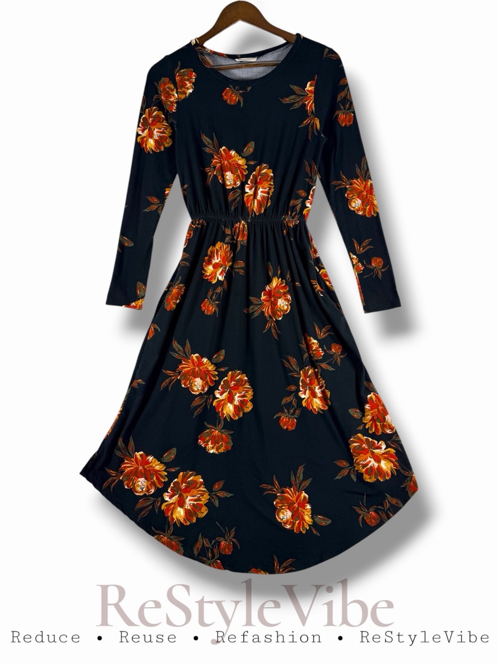 REBORN J Women’s Size S Dress Floral Knit Jersey Midi Long Sleeve Pockets